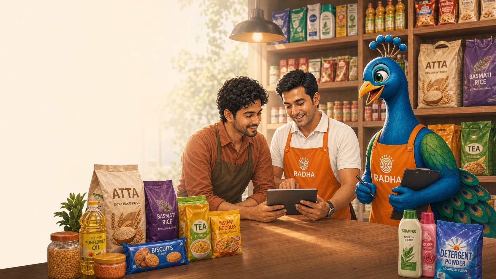 A store owner and RADHA advisor reviewing a live demo beside Mor, the RADHA peacock mascot.