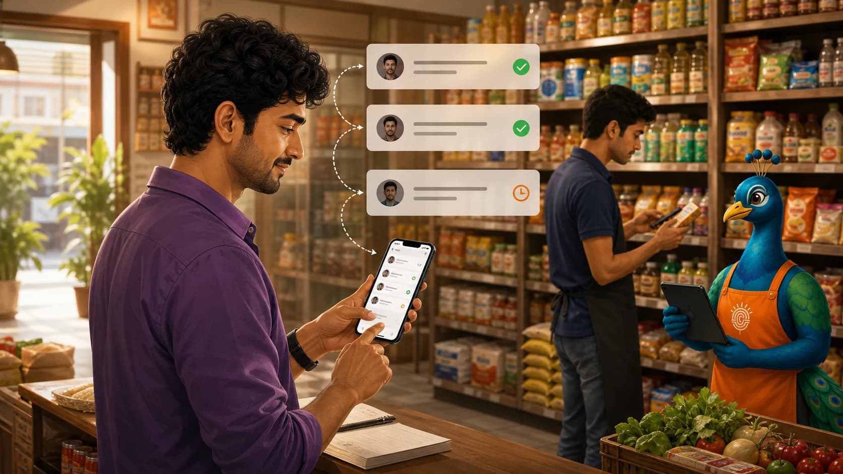 A store owner assigning RADHA tasks while staff work in the aisle.