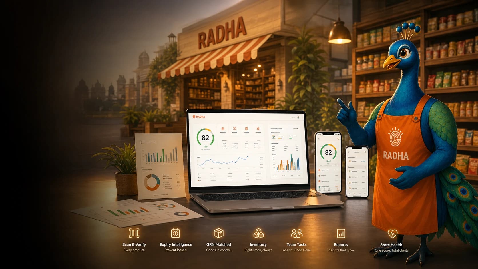 RADHA dashboard, mobile screens, and Mor the peacock mascot inside an Indian retail store.