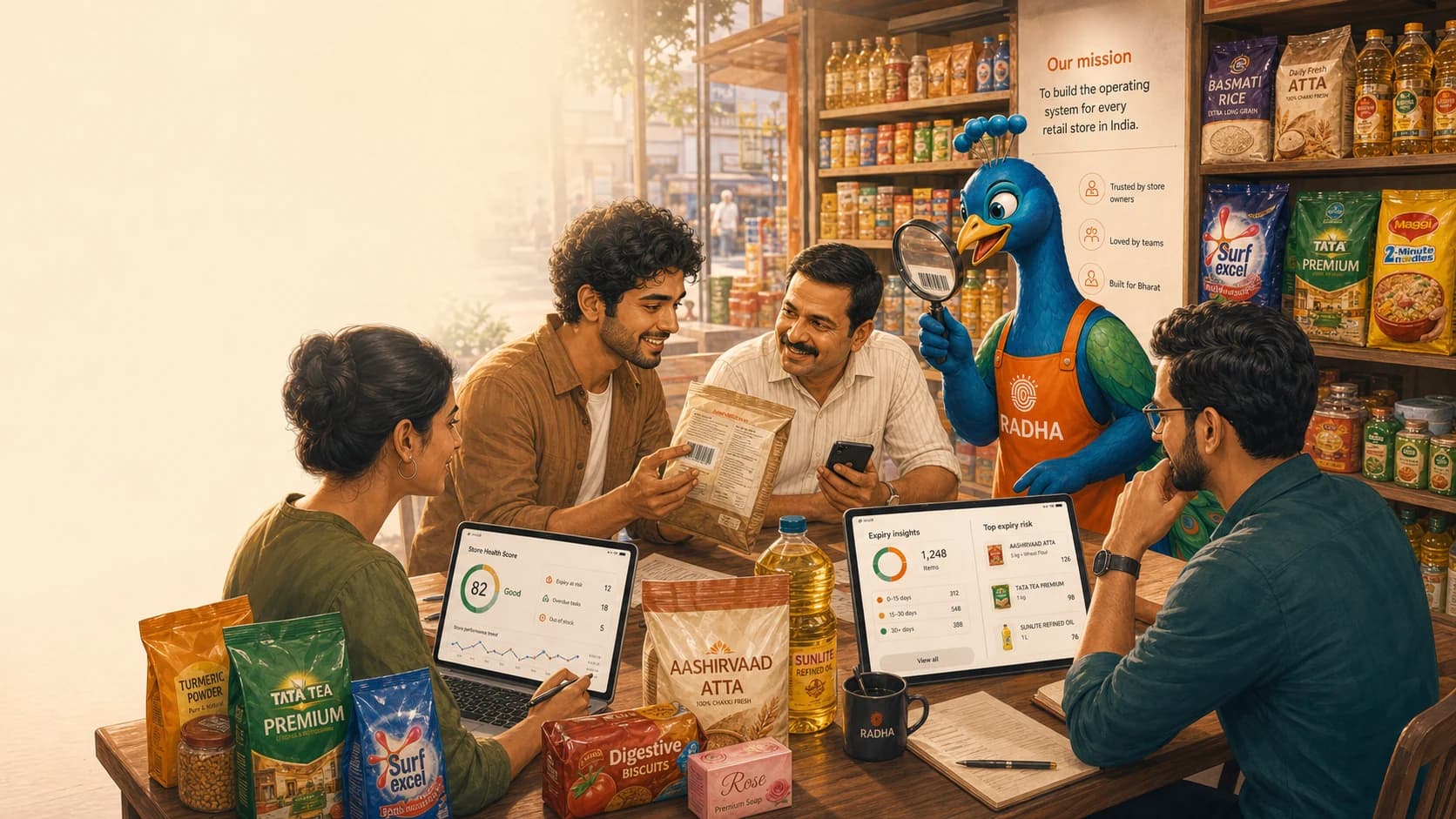 The RADHA team and store owners reviewing verified product and audit data with Mor, the RADHA mascot.