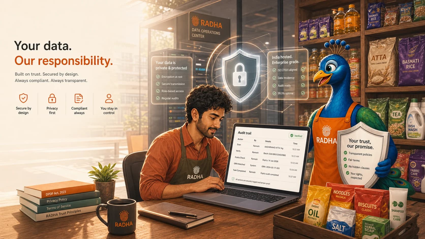 A secure RADHA retail operations scene with audit controls and Mor, the RADHA peacock mascot.
