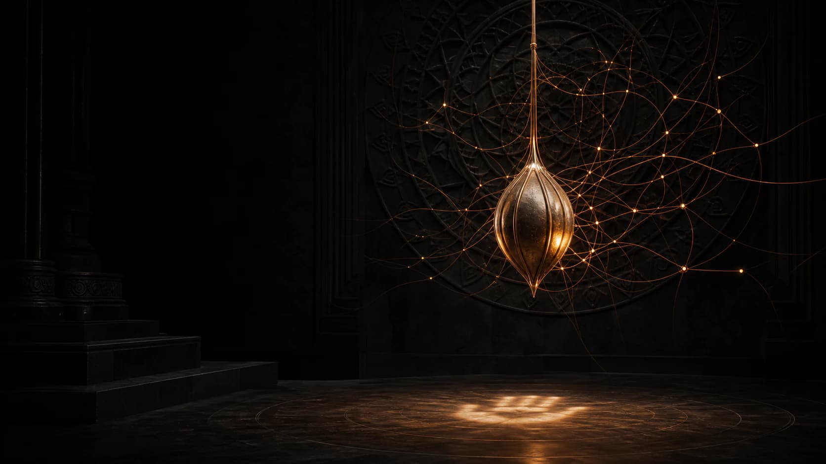 A luminous brass seed connecting humane intelligence with timeless wisdom